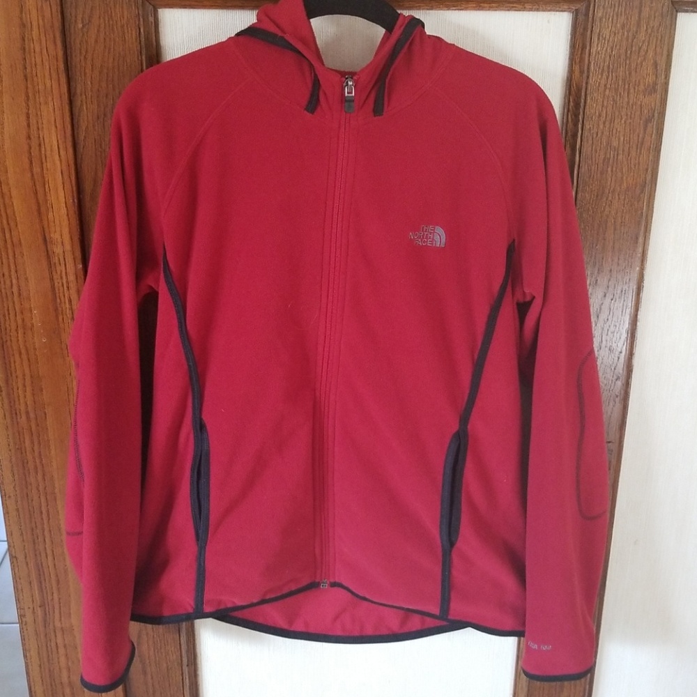 The North Face red and black fleece hoodie jacket